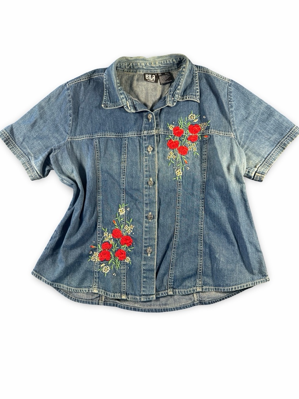 Vintage 80s 90s Women's Denim Button Up BILA Floral Embroidered Patchwork